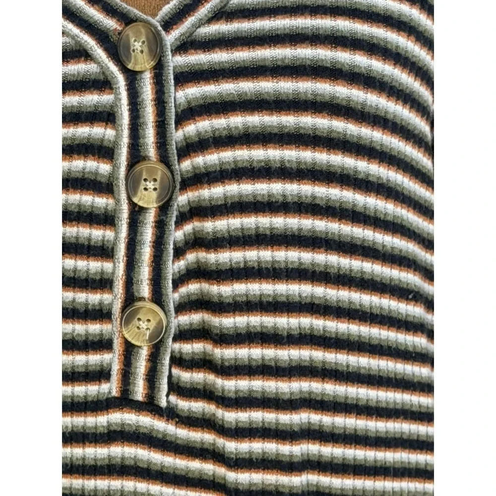 American Eagle Striped Ribbed Henley Dress Womens Large Long Sleeve V-Neck Mini